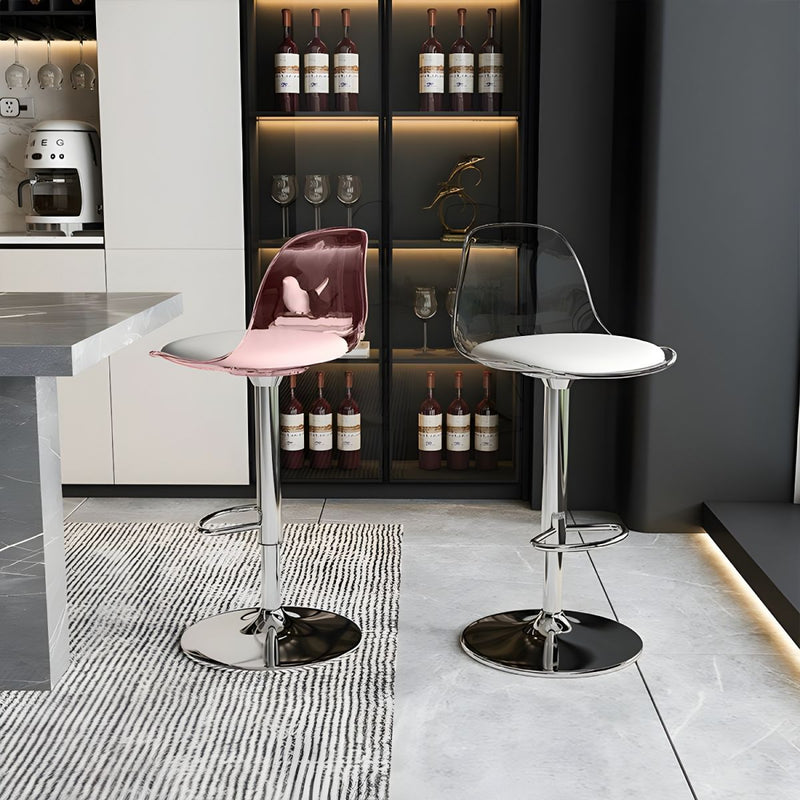 Tabouret de bar pivotant réglable contemporain scandinave avec base en métal incurvée en acrylique, dossier et repose-pieds pour la cuisine 