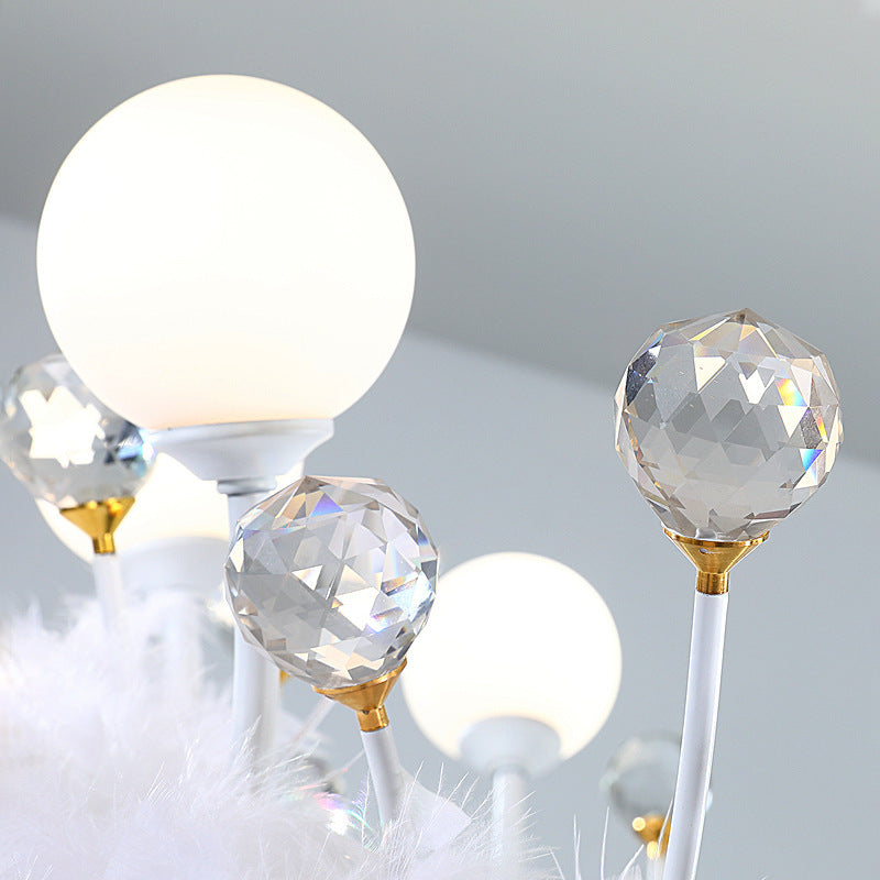 Candelabro LED con decoración de plumas y anillo acrílico creativo contemporáneo para sala de estar 