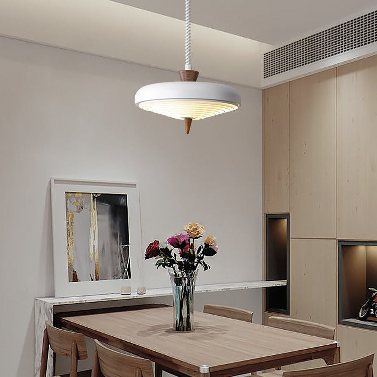 Suspension Luminaire Contemporain en Bois Massif Nordique avec Soucoupe Volante en Fer à 1 Lumière pour Salle à Manger 