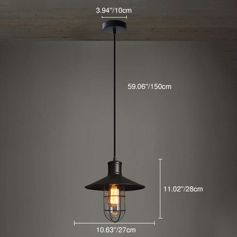 Contemporary Industrial Round Black Cage Iron 1-Light Single Bell Pendant Light For Living Room
