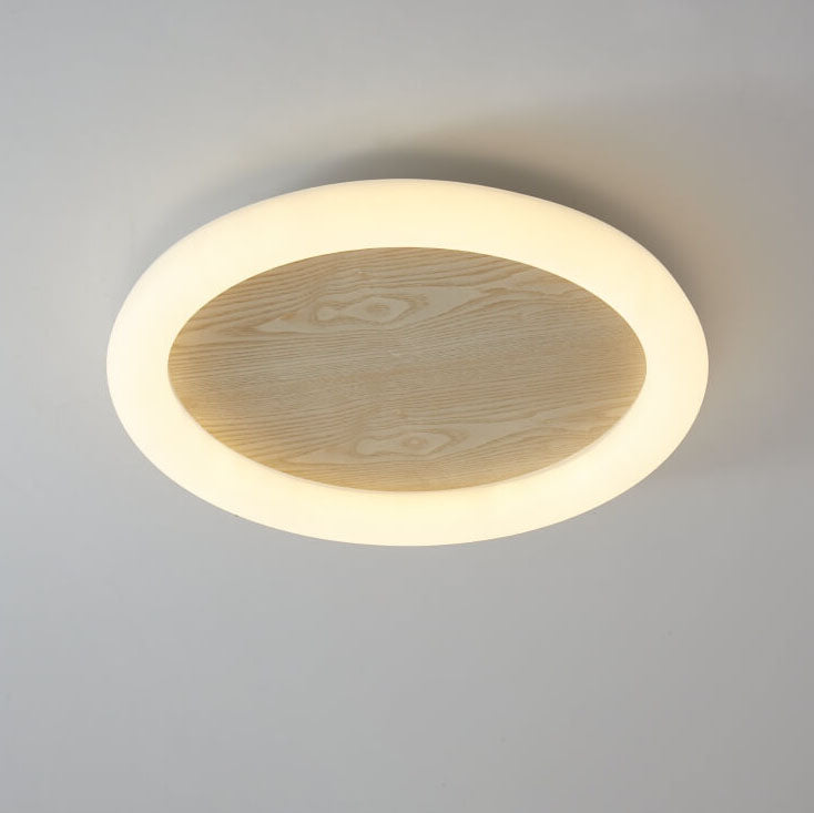 Japanese Minimalist Wood Grain Round Iron LED Flush Mount Ceiling Light