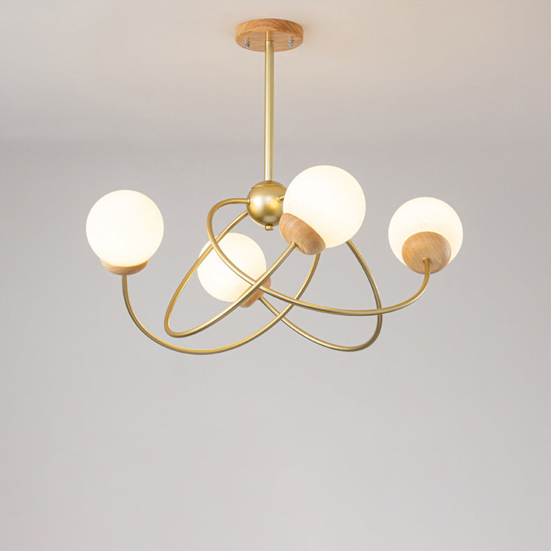 Zeitgenössischer nordischer runder Kronleuchter aus Eisen, Holz und Glas mit 4/6 Lichtern für Wohnzimmer 