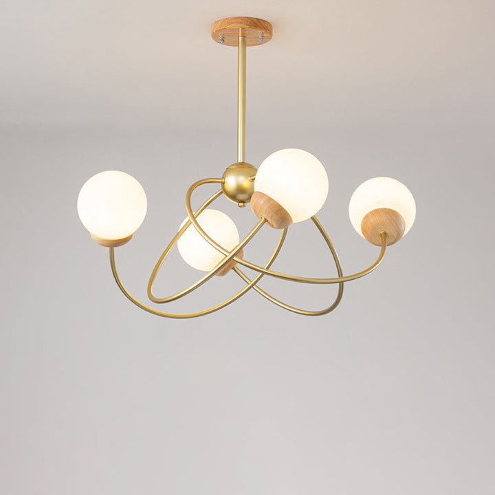 Zeitgenössischer nordischer runder Kronleuchter aus Eisen, Holz und Glas mit 4/6 Lichtern für Wohnzimmer 