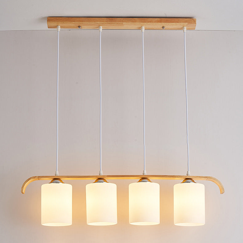 Zeitgenössischer skandinavischer langer Zylinder aus Glas und Holz mit 4 Lichtern, Inselleuchter für Wohnzimmer 