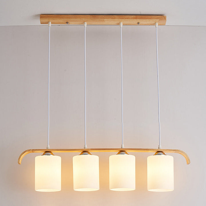 Zeitgenössischer skandinavischer langer Zylinder aus Glas und Holz mit 4 Lichtern, Inselleuchter für Wohnzimmer 