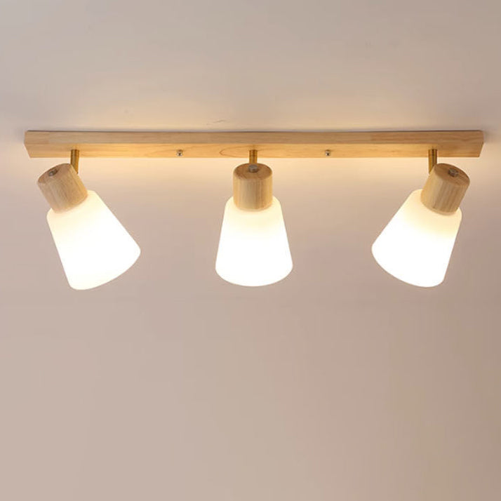 Traditional Vintage Rubberwood Glass Trumpet Shade 1/2/3/4-Light Semi-Flush Mount Ceiling Light For Living Room