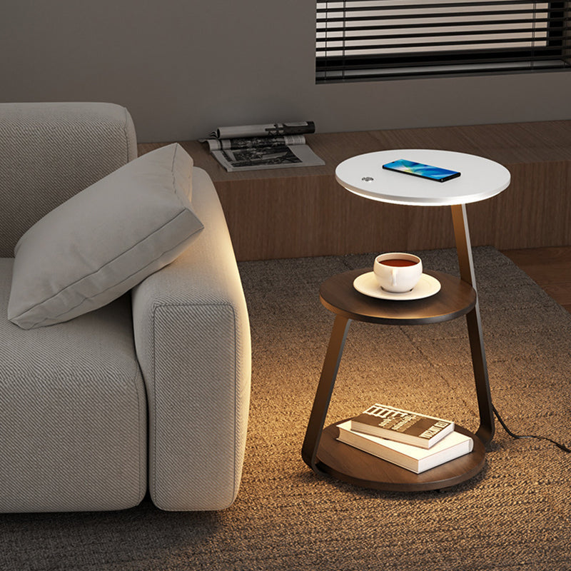 Table de chevet contemporaine nordique ronde en noyer et marbre avec fer, charge sans fil pour téléphone mobile, 2 niveaux pour le chevet 