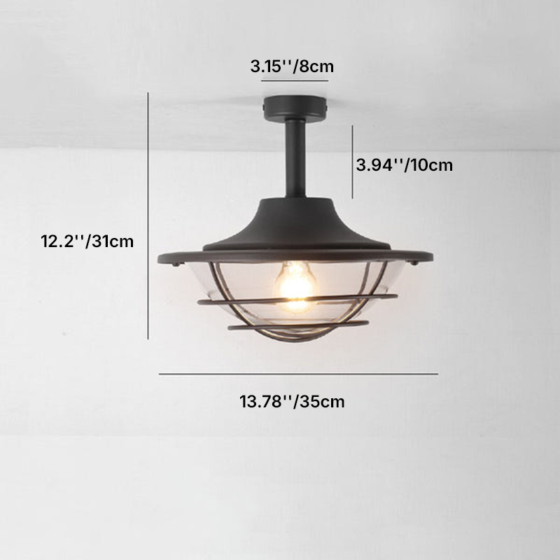 Moderne halbbündige 1-flammige Outdoor-Deckenleuchte im Industrial-Stil aus Glas und Eisen in Trommelform für Terrasse und Patio im Außenbereich 