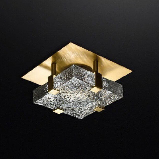 Modern Light Luxury Copper Cube Water Pattern Glass LED Semi-Flush Mount Ceiling Light