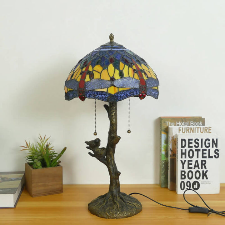 Traditional Tiffany Dragonfly Flower Stained Glass Bird Base 2-Light Table Lamp For Bedroom