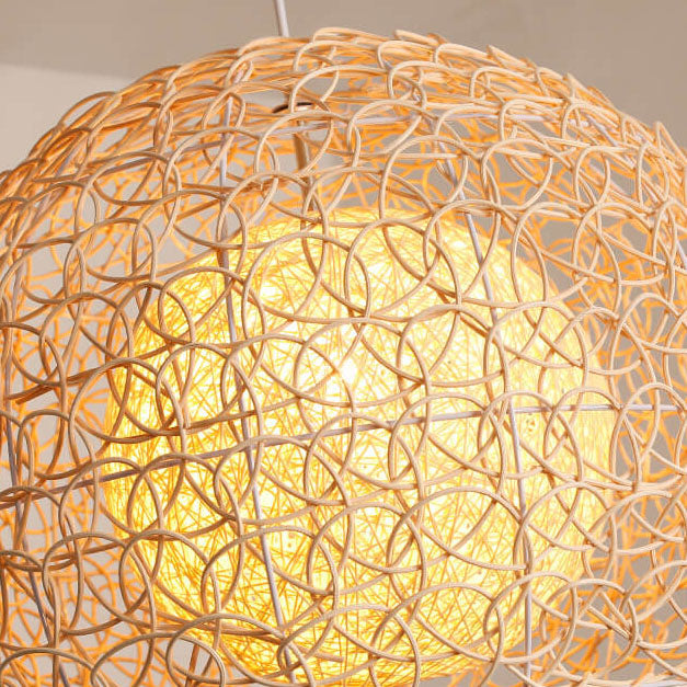 Contemporary Boho Round Faux Rattan Weaving 1-Light Pendant Light For Dining Room
