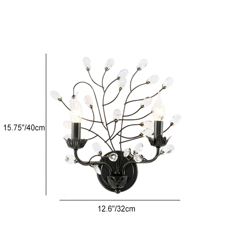 Traditionelle Vintage Eisen Zweige Kristall Dekor 2-Licht Wandleuchte Lampe für Wohnzimmer 
