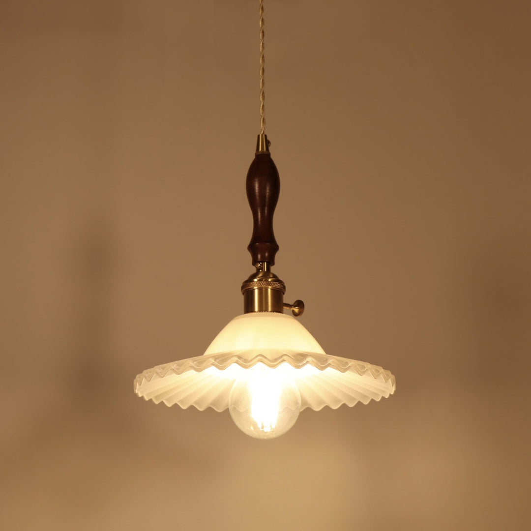 Abat-jour rond en verre plissé traditionnel japonais avec bois, suspension à 1 lumière pour salon 