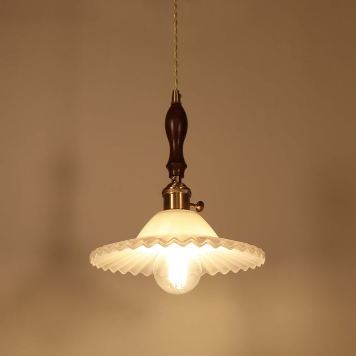 Traditional Japanese Wood Pleated Glass Round Shade 1-Light Pendant Light For Living Room