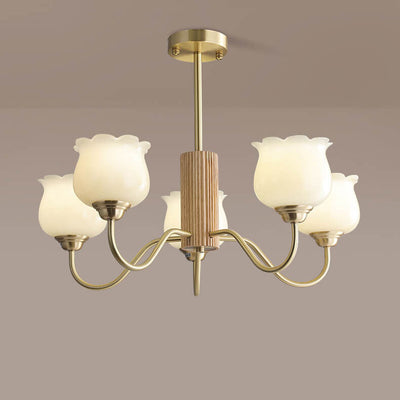 French Light Luxury Full Copper Wood Frame Bell Orchid Resin 5-Light Chandelier