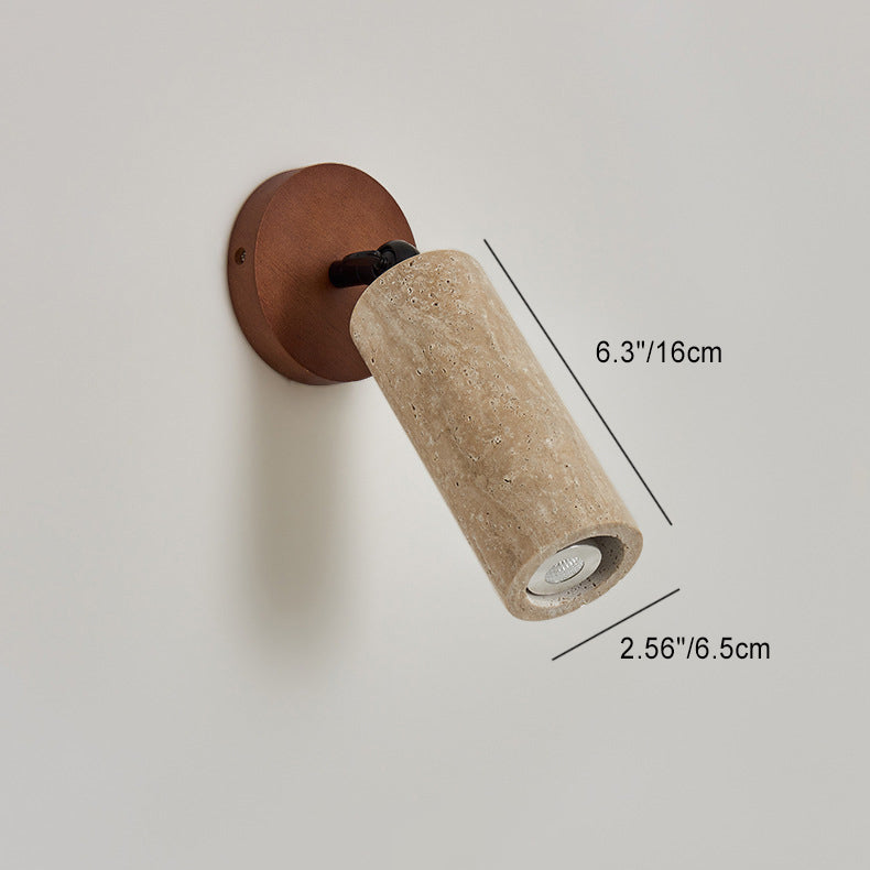 Traditional Japanese Yellow Travertine Walnut Cylindrical Spotlight 1-Light Wall Sconce Lamp For Bedroom