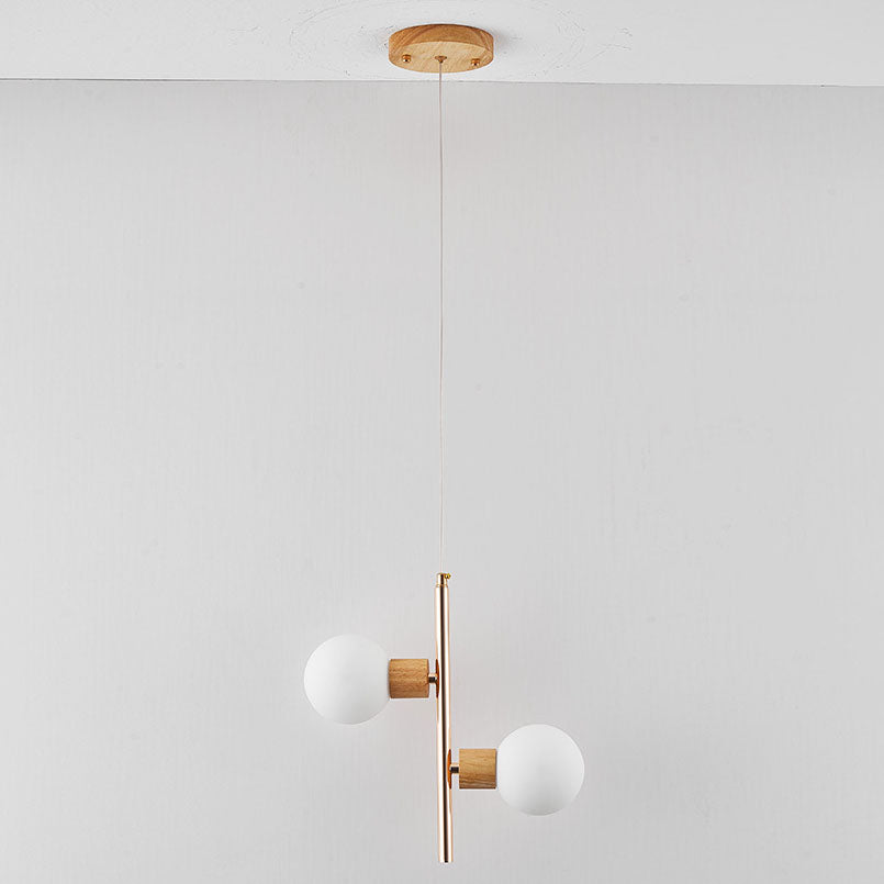 Japanese Wabi-Sabi Log Iron Frame Spherical Glass 2-Light Chandelier