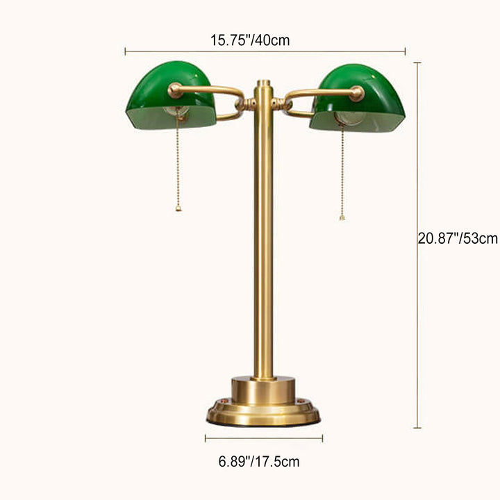 Lampe de table vintage en laiton vert à 2 lumières avec cordon de tirage et toucher 