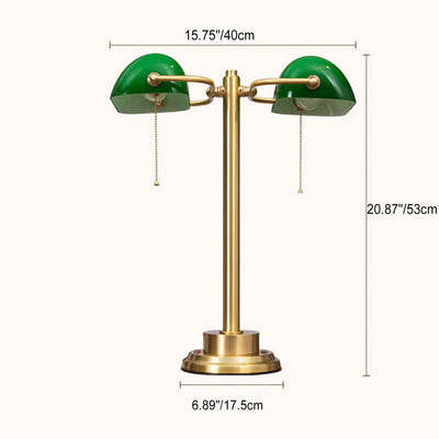 Vintage Green All Brass 2-Light Bank Pull Cord Touch Table Lamp