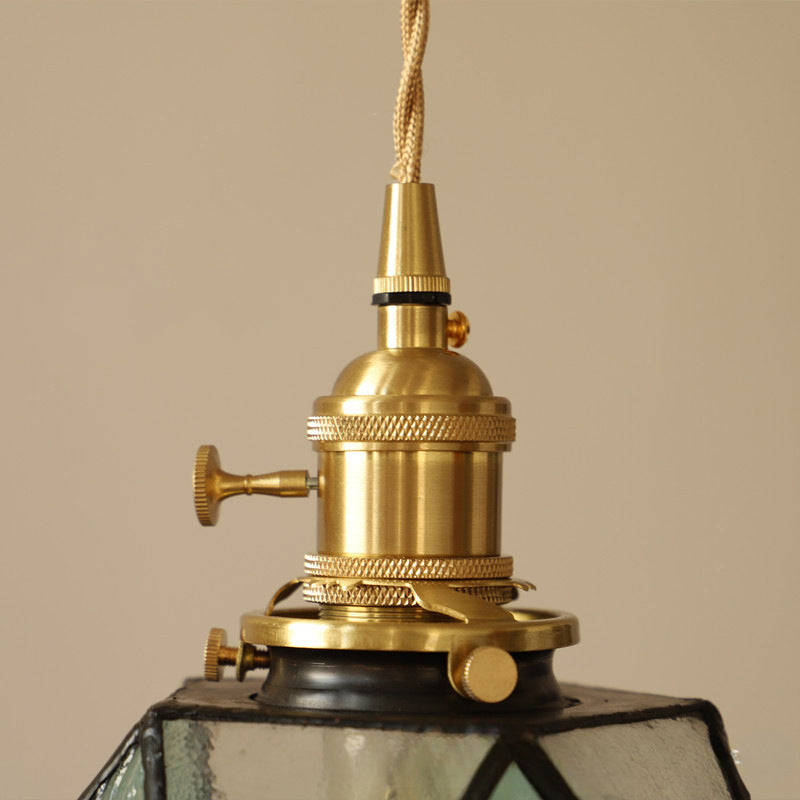 Lustre suspendu en laiton et verre polygonal vintage traditionnel à 1 lumière pour salon 