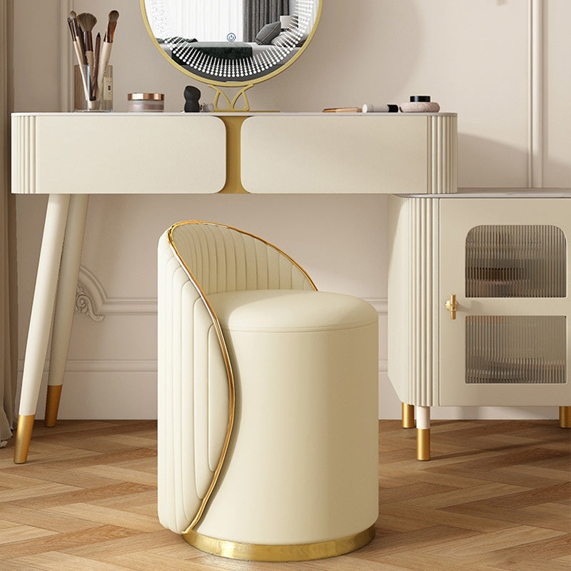 Taburete de tocador de hierro cilíndrico minimalista moderno con respaldo de cuero para dormitorio 