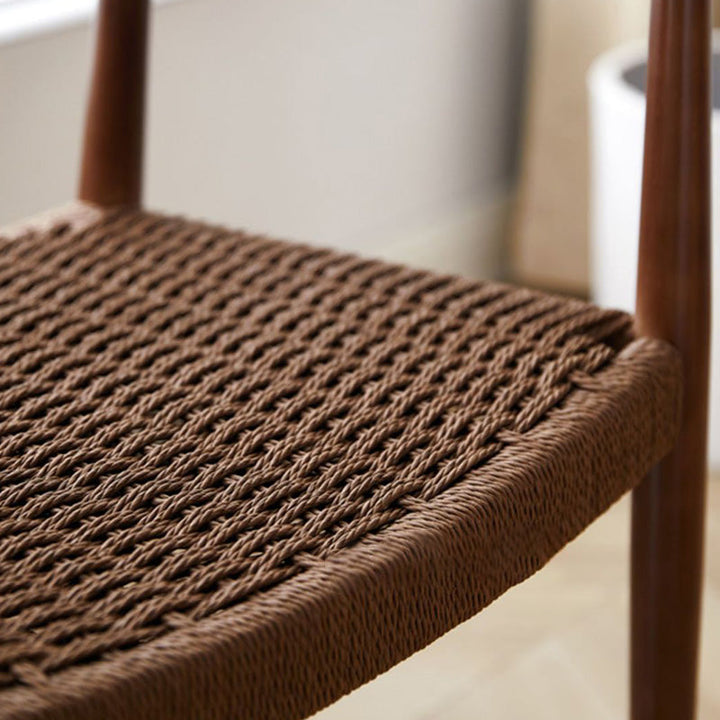 Traditional Vintage Braided Rope Wood Legs Square Dining Chair Backrest Armrest For Dining Room