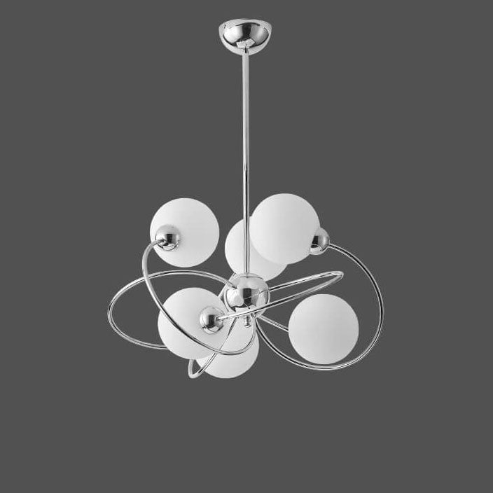Moderner Mid-Century Kronleuchter mit milchweißem Glasball und Chromring, 6-Licht für Wohnzimmer 