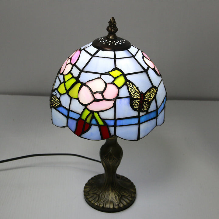 Vintage Tiffany Tierblumen Dekoration Buntglas Kuppel 1-Licht Tischlampe 