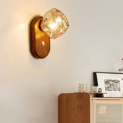 Traditional Japanese Oval Ice Cube Shape Solid Wood Glass 1-Light Wall Sconce Lamp For Bedroom