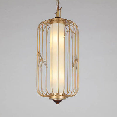 Chinese Vintage Iron Birdcage Fabric Shade 2-Light Pendant Light