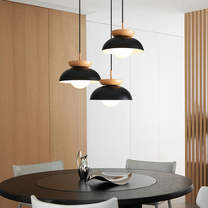 Suspension 1 lumière en bois et fer avec abat-jour rond moderne minimaliste pour salon 