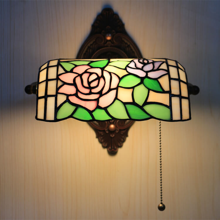 Traditional Vintage Tiffany Floral Stained Glass 1-Light Zipper Wall Sconce Lamp For Living Room