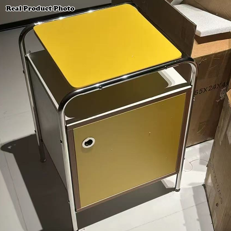 Modern Minimalist Rectangular Rounded Corner MDF Stainless Steel Nightstand 1-Cabinet For Bedroom