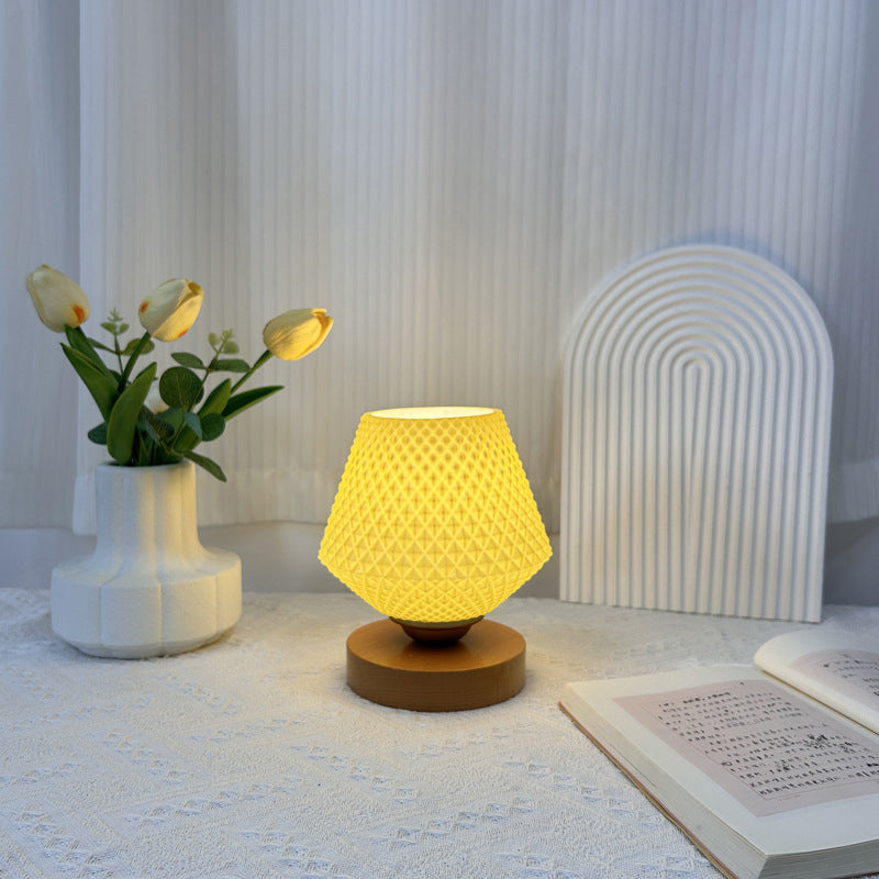Lampe de table contemporaine en bois et verre à motif nervuré conique 1 lumière pour chevet 