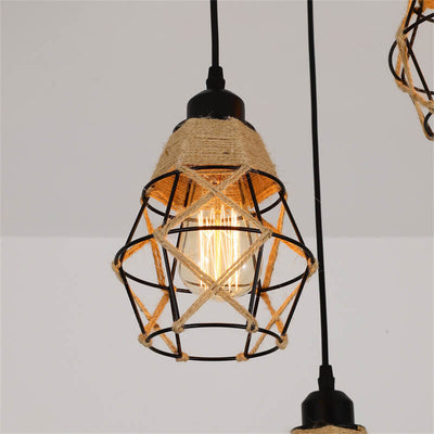 Nostalgic Industrial Iron Diamond Shape Hemp Rope Weaving 1/3-Light Island Light Chandelier