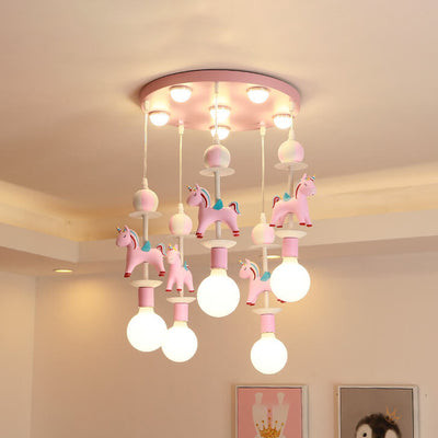 Modern Children's Carousel Eye Protection Resin Iron 1/7/11 Light Flush Mount Ceiling Light