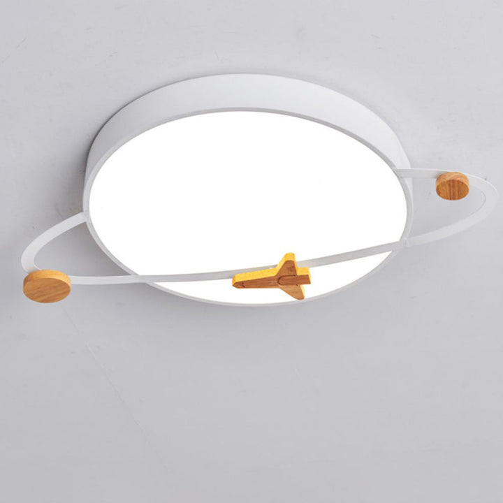 Contemporary Scandinavian Iron Acrylic Wood Round Planet Design LED Kids Flush Mount Ceiling Light For Bedroom