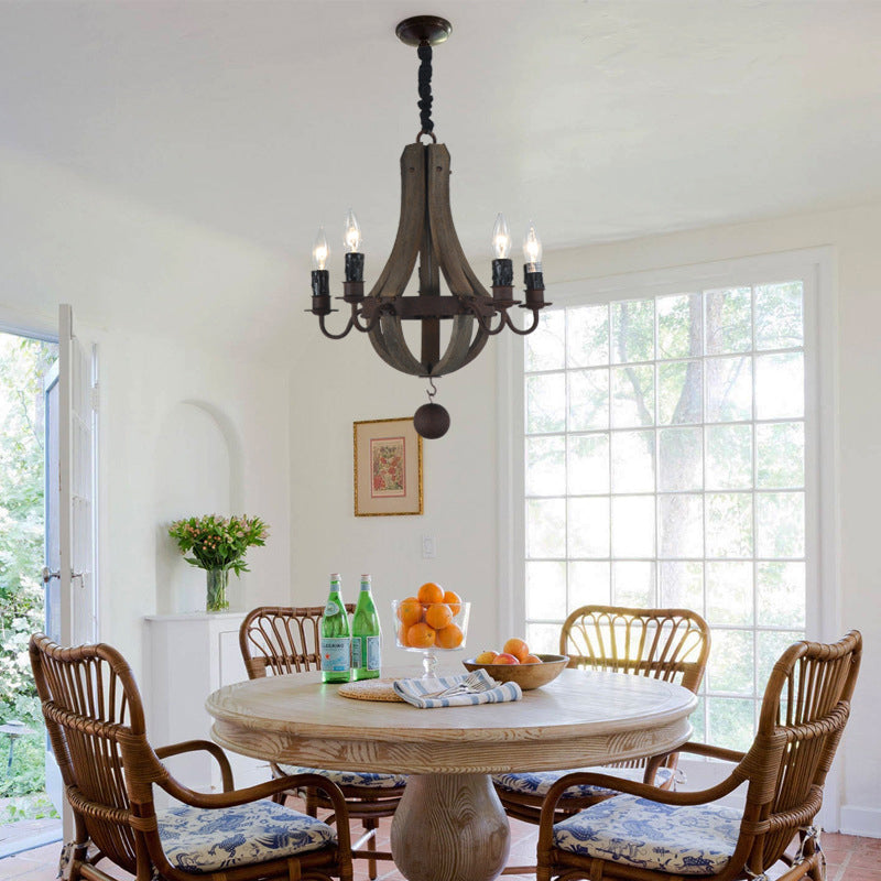 Chandelier Traditionnel Rustique Rond en Bois et Fer avec Bougeoir pour 5/6/8 Lumières pour Salon 