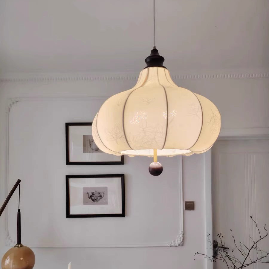 Suspension Luminaire Traditionnel Vintage en Forme de Châtaigne Ronde en Tissu Bois Massif 3/5 Lumières pour Salon 