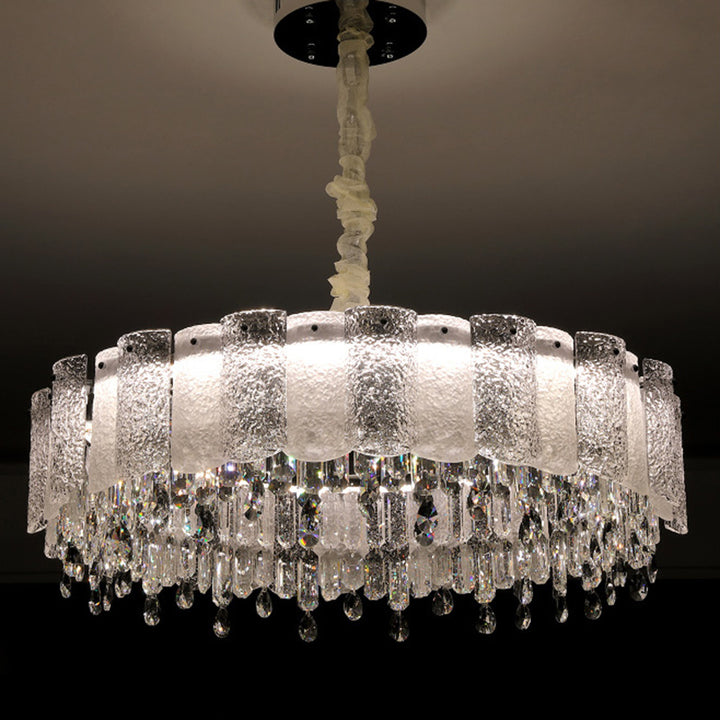 Traditionelle französische runde Ripple-Metallkristallglas-LED-Kronleuchter für Wohnzimmer 