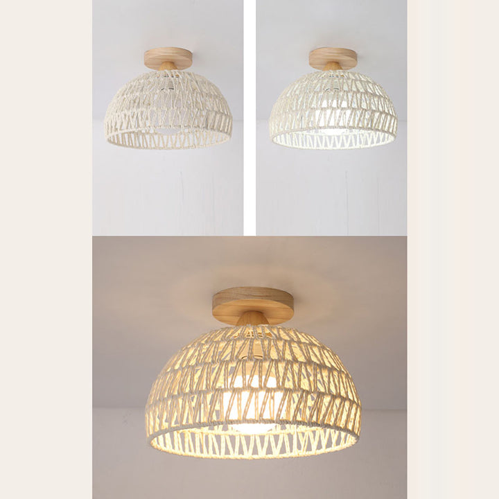 Traditional Japanese Half Round Solid Wood Rattan 1-Light Semi-Flush Mount Ceiling Light For Living Room