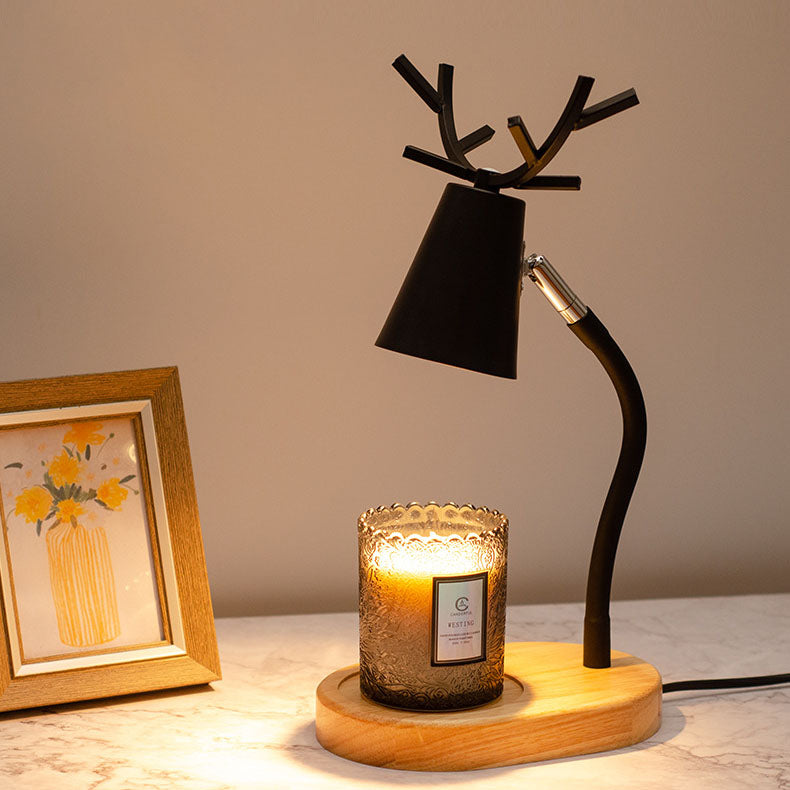 Lámpara de mesa ajustable de cera derretida de 1 luz con base de madera maciza y astas de hierro creativas japonesas 