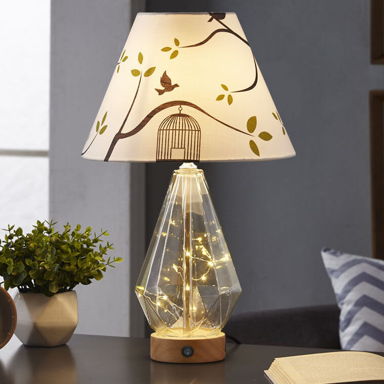 Traditional Rustic Fabric Glass Solid Wood Rhombus 1-Light Table Lamp For Bedroom