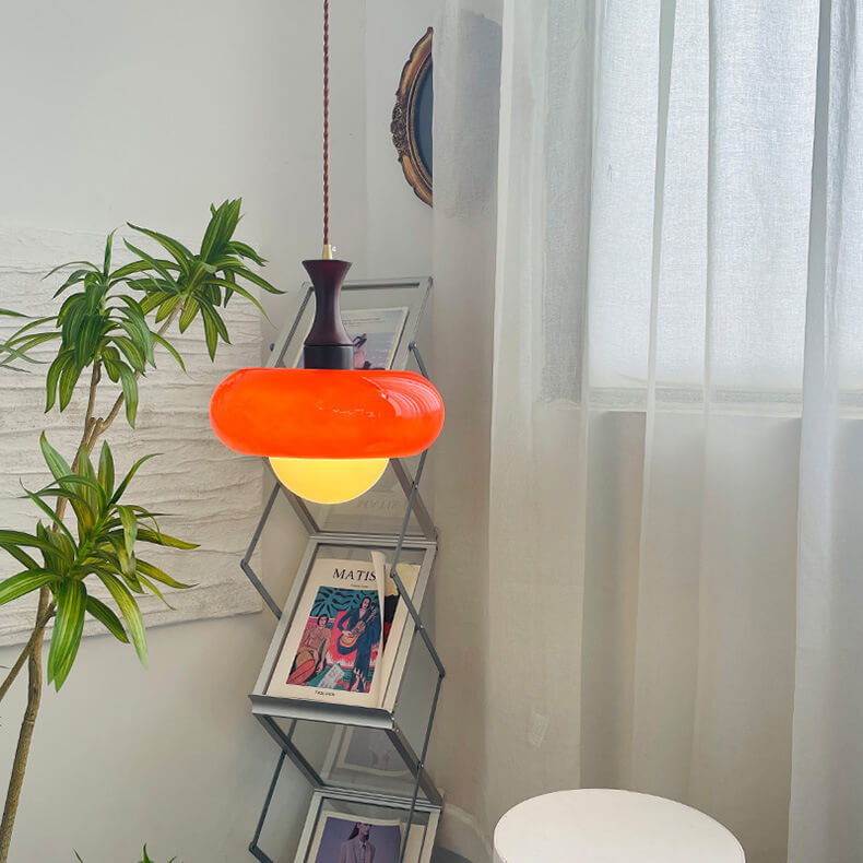 Nordic Vintage Karamell Kirsch Glas Runde Walnuss 1-Licht Pendelleuchte 