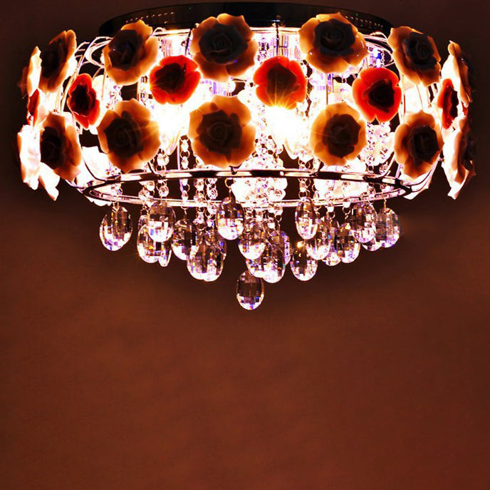 Moderne Minimaliste Rose Ronde Cristal Branche Cristal Fer 5/6 Lumière Plafonnier Pour Chambre 