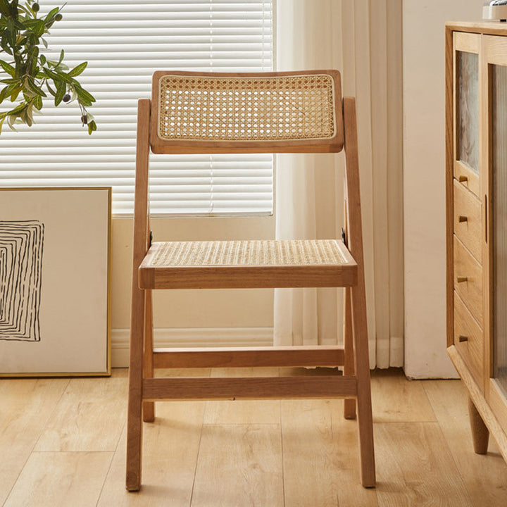 Silla de comedor vintage tradicional cuadrada de ratán PE y madera de caucho con respaldo para comedor 