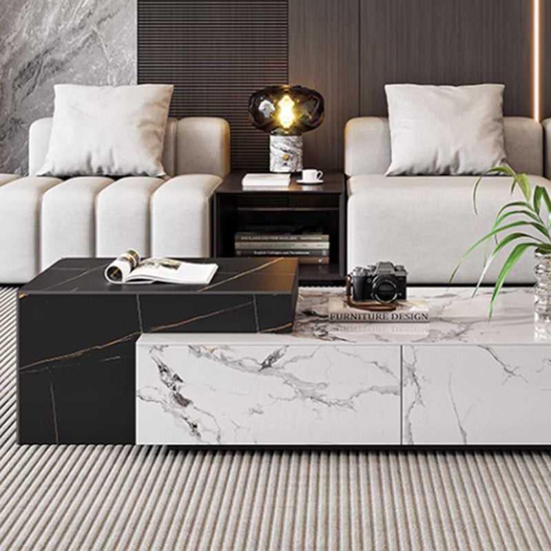Mesa de café de madera rectangular cuadrada minimalista moderna con placa de piedra y 4 cajones para sala de estar 