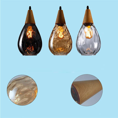 Zeitgenössische industrielle Wassertropfen Holz Glas 1-Licht Pendelleuchte für Wohnzimmer 