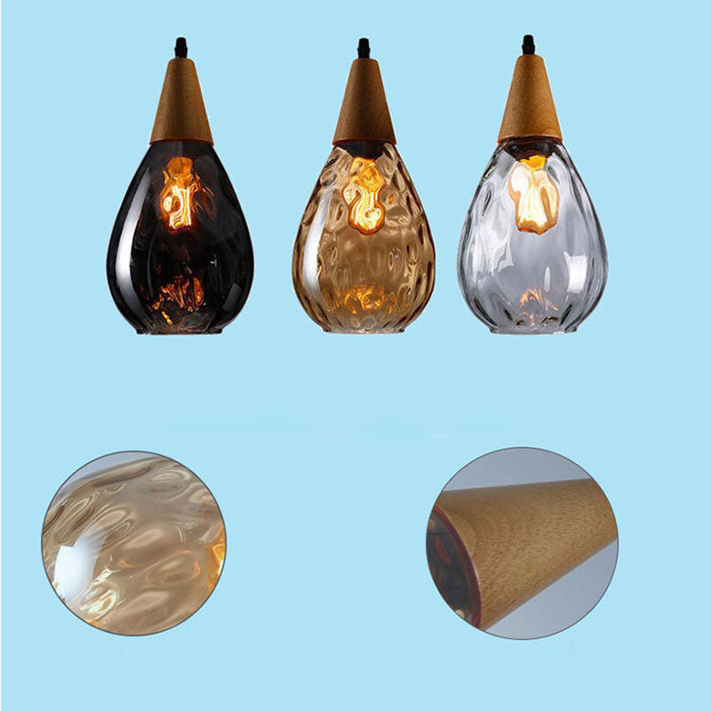Zeitgenössische industrielle Wassertropfen Holz Glas 1-Licht Pendelleuchte für Wohnzimmer 
