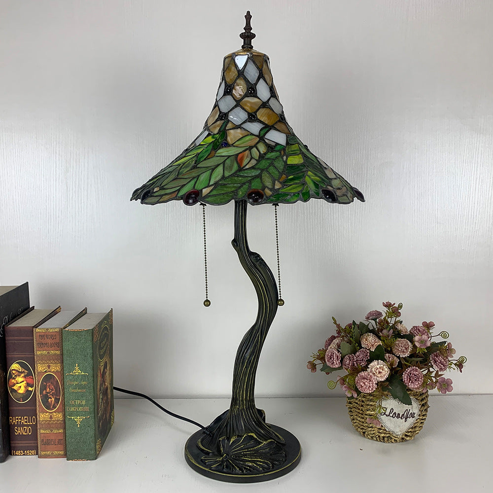 Lampe de table à deux lumières avec feuilles de fleurs en corne en verre d&
